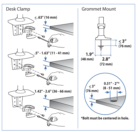 Ergotron LX desk-clamp and grommet mounting routes with dimensions