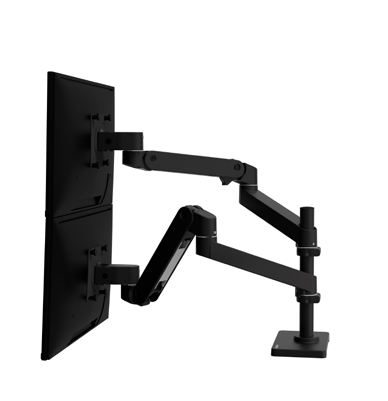 Matte-black Ergotron LX Pro Dual Stacking arm showing one monitor above another